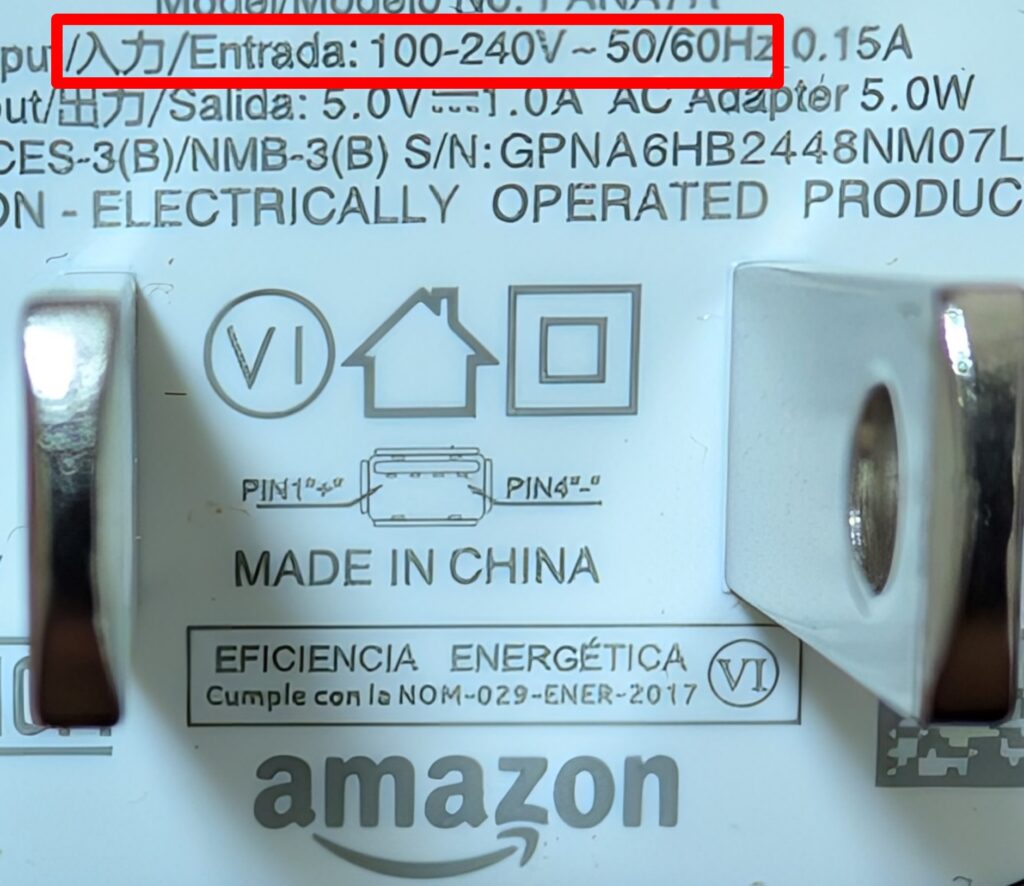 Fire TV Stickの電源プラグに書かれた電圧表記